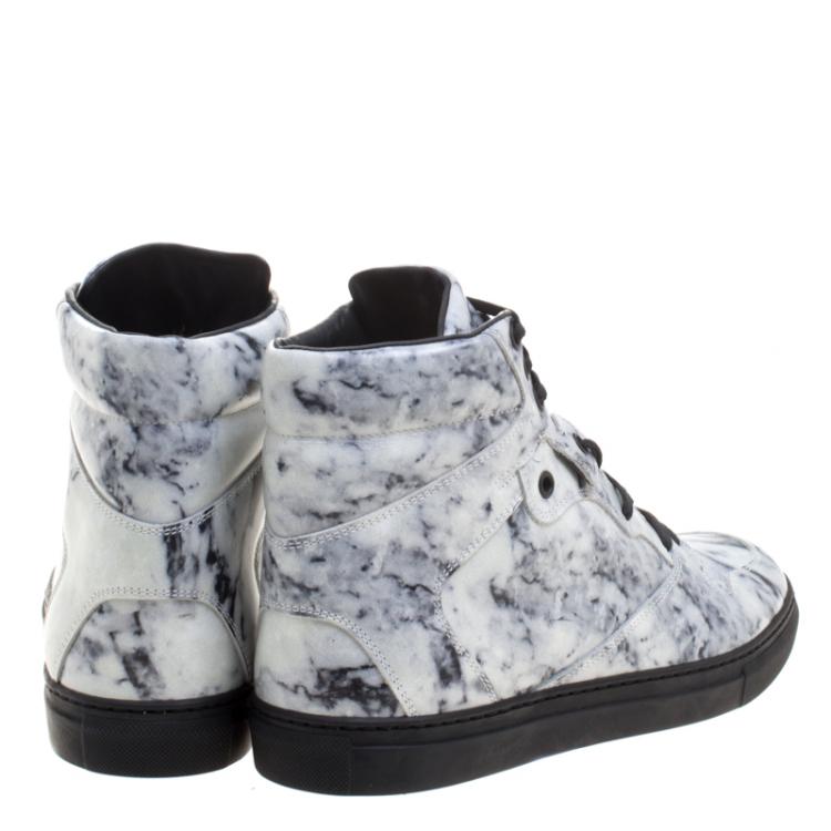Pre Owned Balenciaga Monochrome Marble Effect Leather High Top Sneakers Size 40