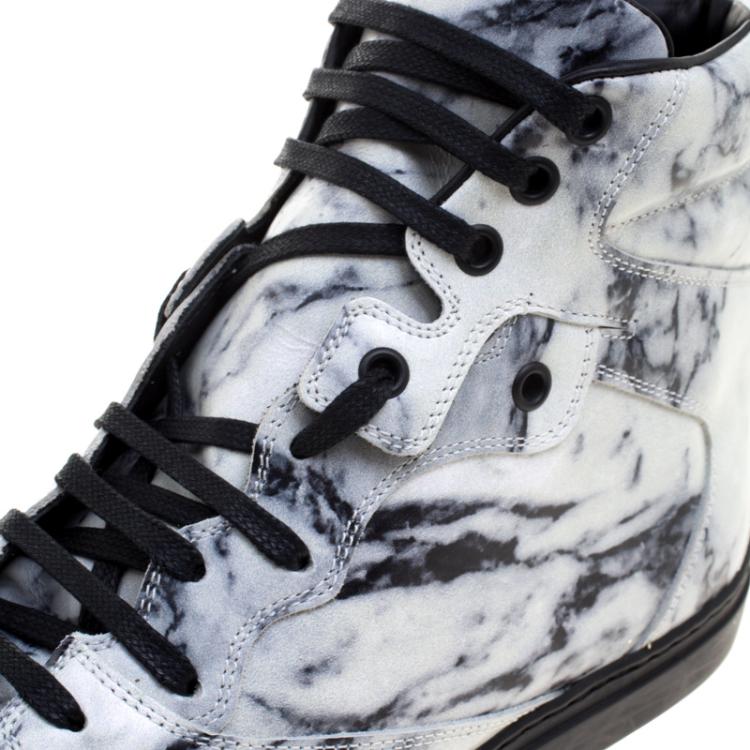 Pre Owned Balenciaga Monochrome Marble Effect Leather High Top Sneakers Size 40