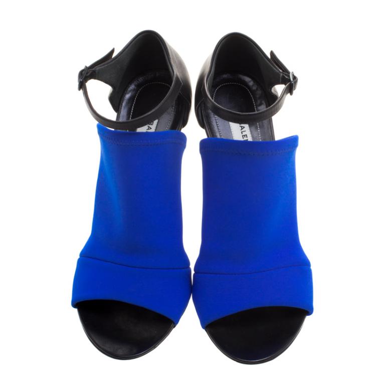 Pre Owned Balenciaga Blue Neoprene Glove Ankle Strap Sandals Size 37