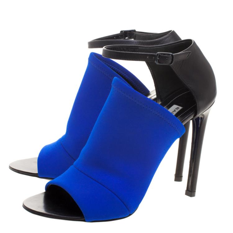 Pre Owned Balenciaga Blue Neoprene Glove Ankle Strap Sandals Size 37