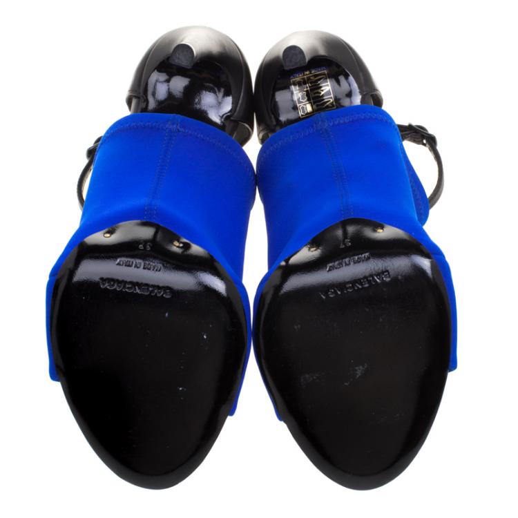 Pre Owned Balenciaga Blue Neoprene Glove Ankle Strap Sandals Size 37