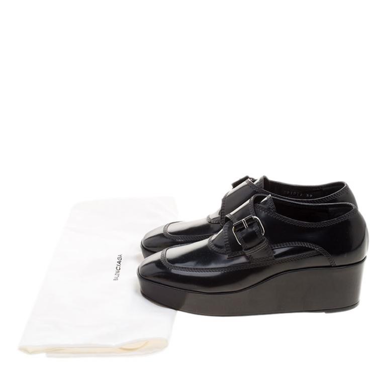 Pre Owned Balenciaga Black Patent Leather Monk Strap Platform Loafers Size 39