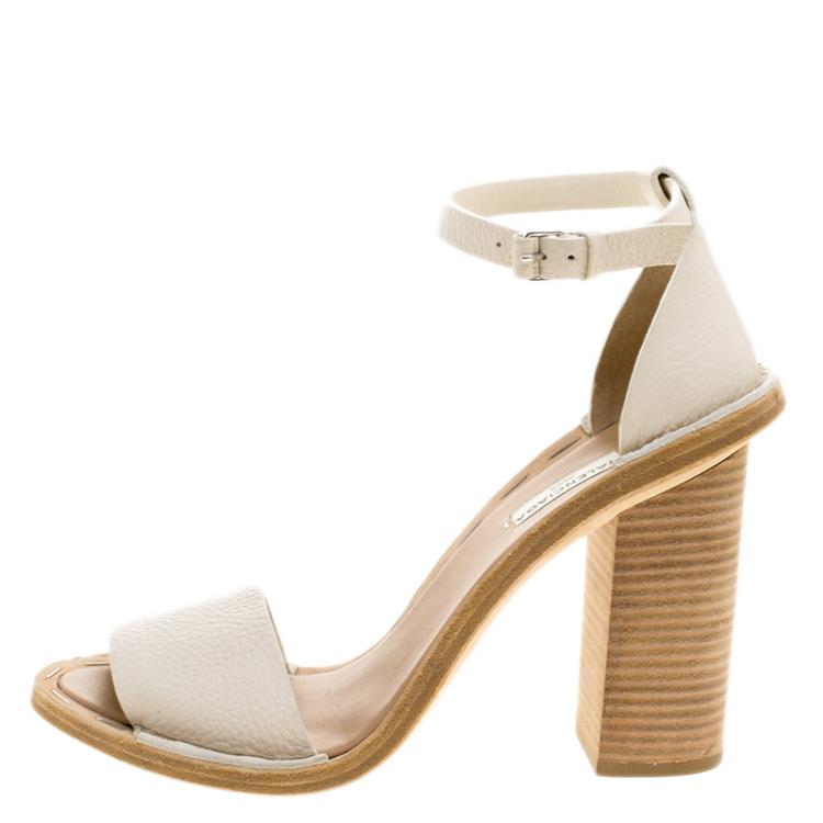 Pre Owned Balenciaga Cream Leather Ankle Strap Block Heel Sandals Size 40