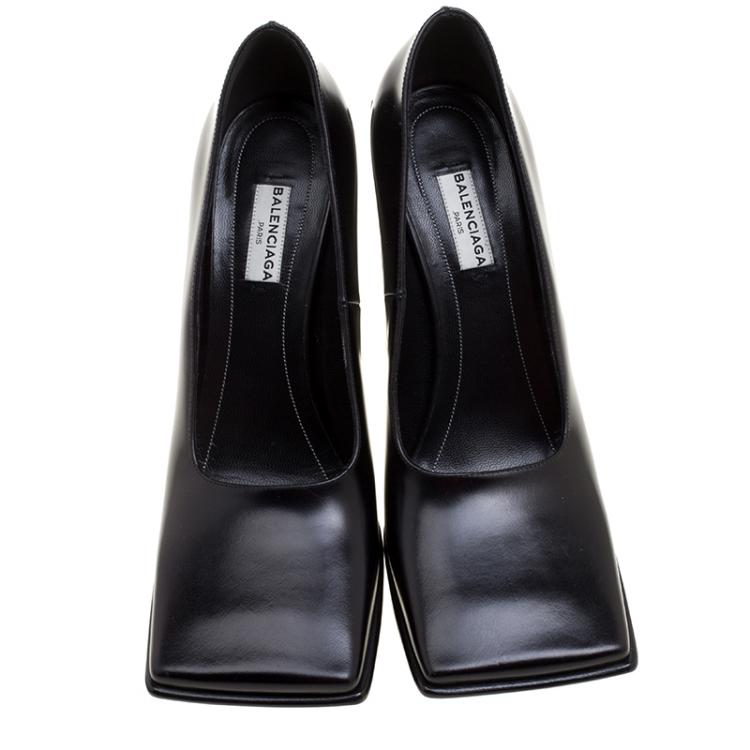 Pre Owned Balenciaga Black Leather Quadro Square Toe Block Heel Pumps Size 38
