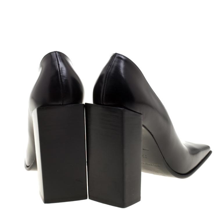 Pre Owned Balenciaga Black Leather Quadro Square Toe Block Heel Pumps Size 38