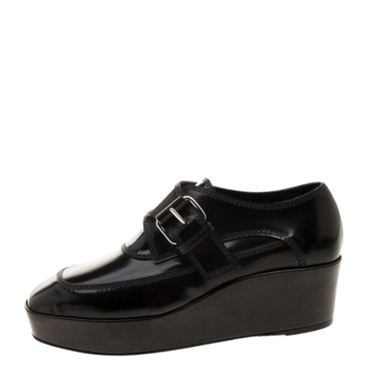 Pre Owned Balenciaga Black Patent Leather Monk Strap Platform Loafers Size 35
