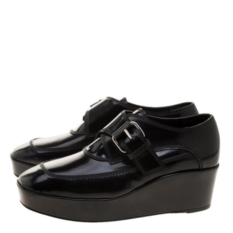 Pre Owned Balenciaga Black Patent Leather Monk Strap Platform Loafers Size 35