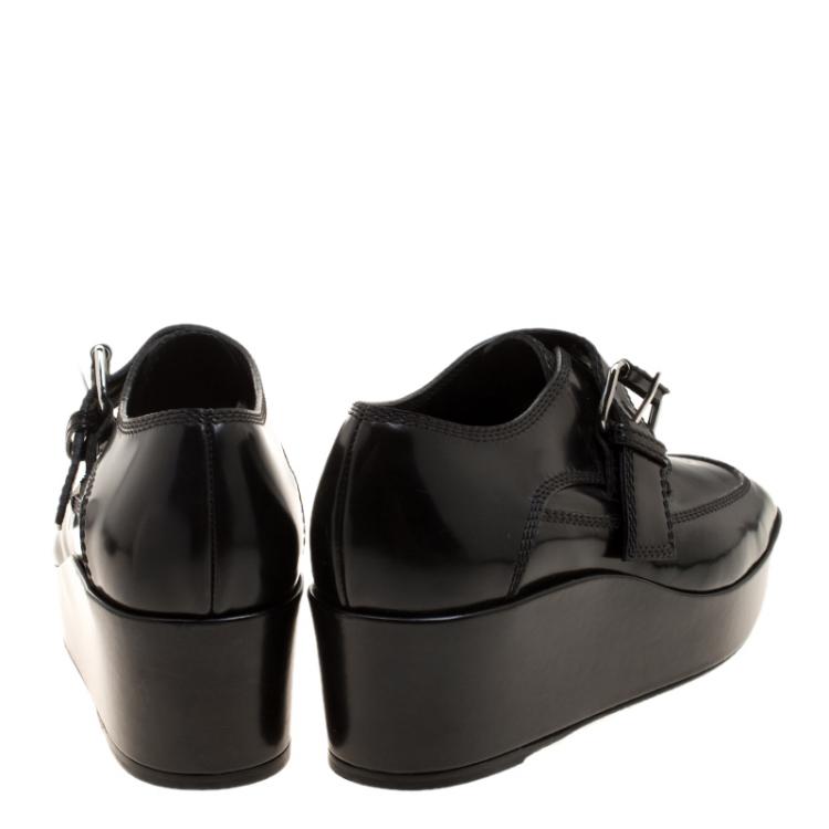 Pre Owned Balenciaga Black Patent Leather Monk Strap Platform Loafers Size 35