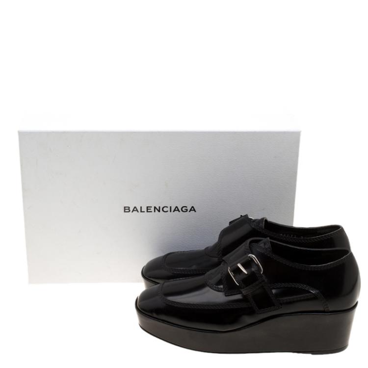 Pre Owned Balenciaga Black Patent Leather Monk Strap Platform Loafers Size 35
