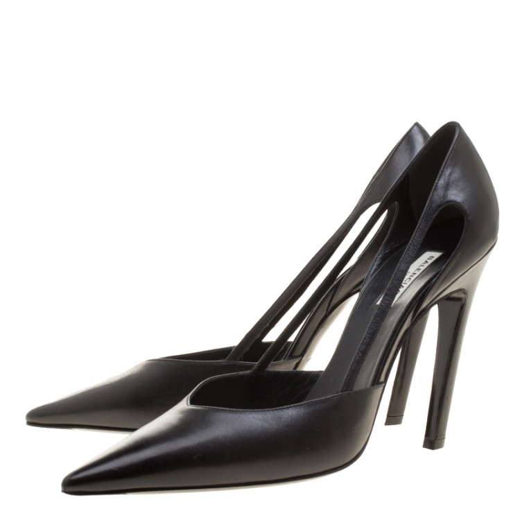 Pre Owned Balenciaga Black Leather Pointed Toe Cut Out Pumps Size 41