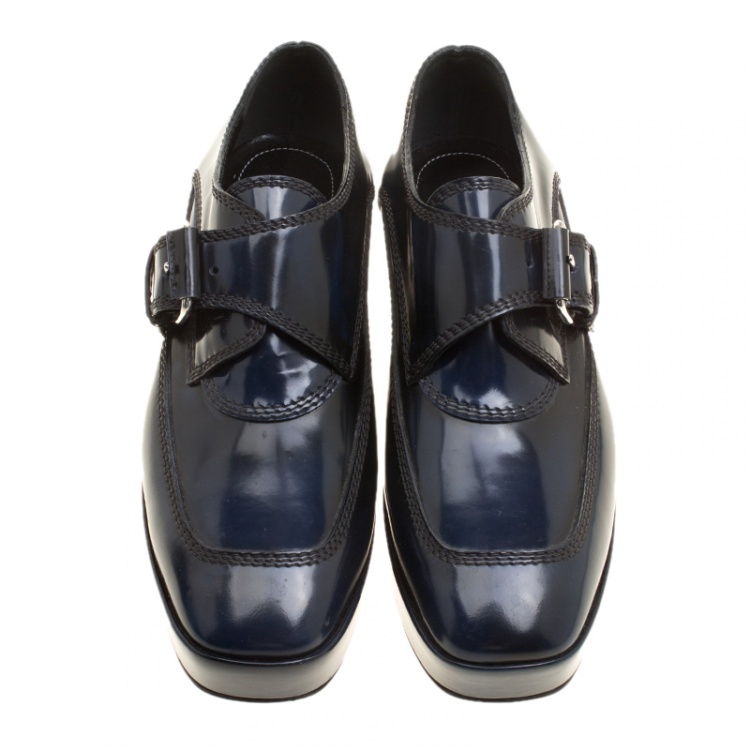 Pre Owned Balenciaga Oxford Blue Leather Monk Strap Platform Loafers Size 36