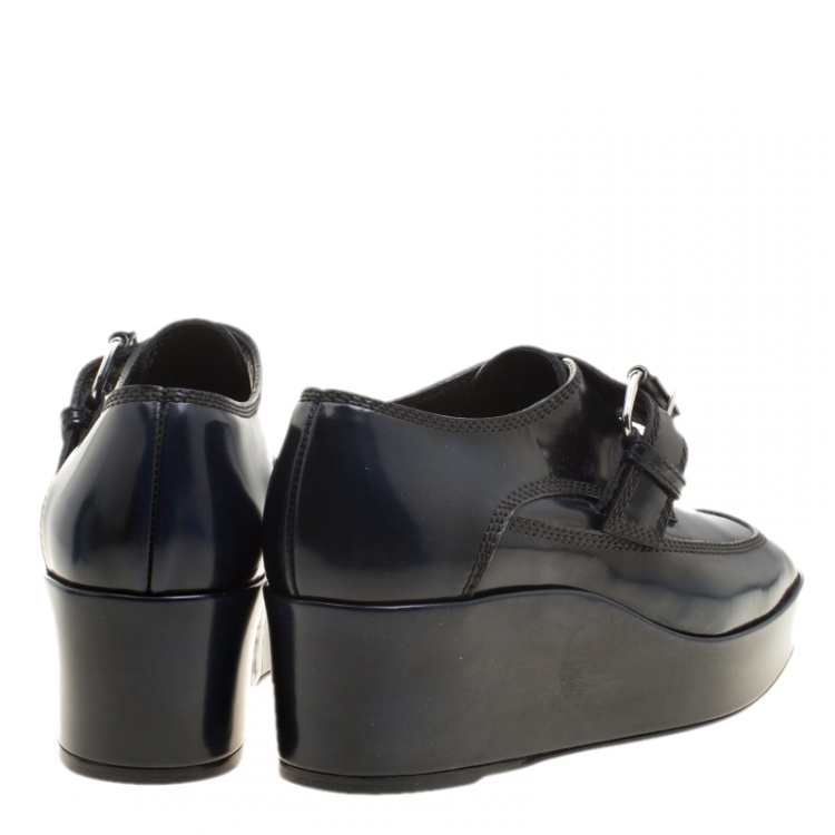 Pre Owned Balenciaga Oxford Blue Leather Monk Strap Platform Loafers Size 36