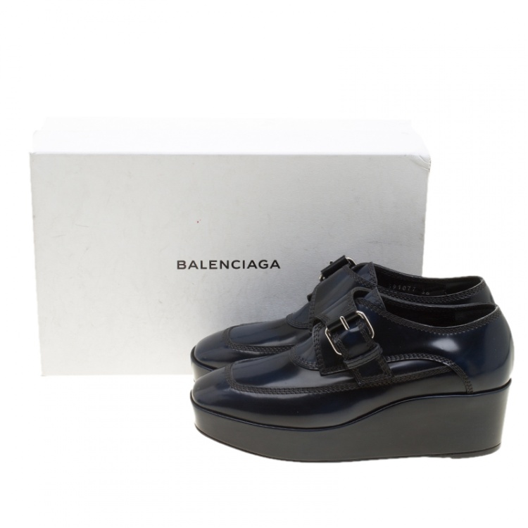 Pre Owned Balenciaga Oxford Blue Leather Monk Strap Platform Loafers Size 36