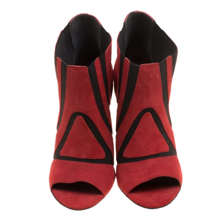 Pre Owned Balenciaga Red/Black Suede and Fabric Open Toe Ankle Boots Size 40