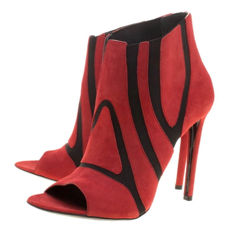 Pre Owned Balenciaga Red/Black Suede and Fabric Open Toe Ankle Boots Size 40