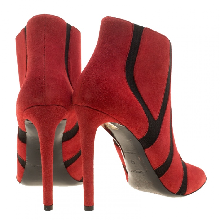 Pre Owned Balenciaga Red/Black Suede and Fabric Open Toe Ankle Boots Size 40