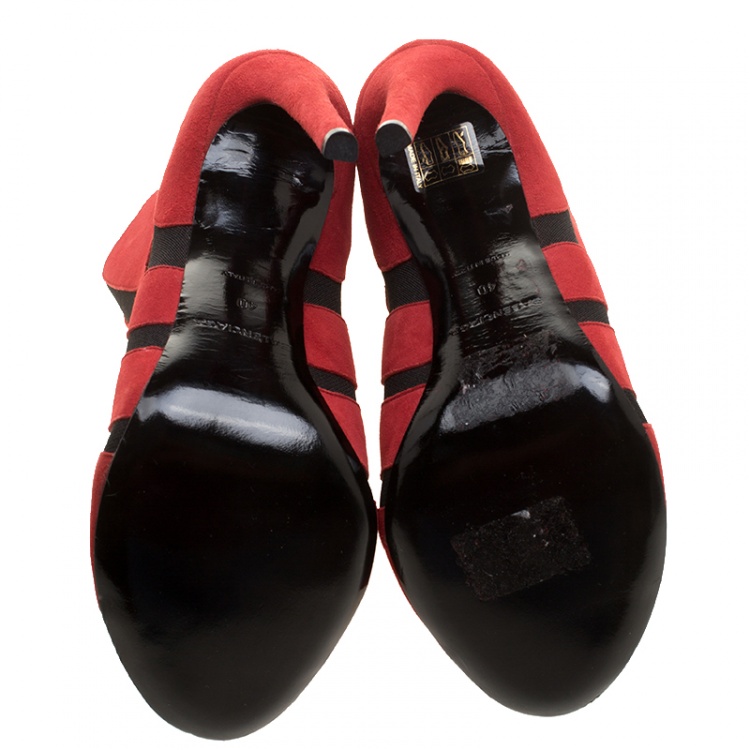 Pre Owned Balenciaga Red/Black Suede and Fabric Open Toe Ankle Boots Size 40