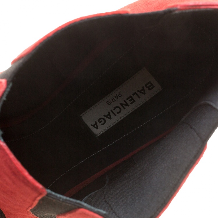 Pre Owned Balenciaga Red/Black Suede and Fabric Open Toe Ankle Boots Size 40