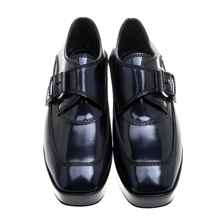 Pre Owned Balenciaga Blue Patent Leather Monk Strap Platform Loafers Size 37