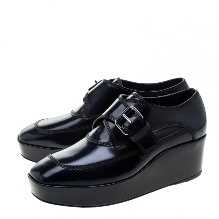 Pre Owned Balenciaga Blue Patent Leather Monk Strap Platform Loafers Size 37