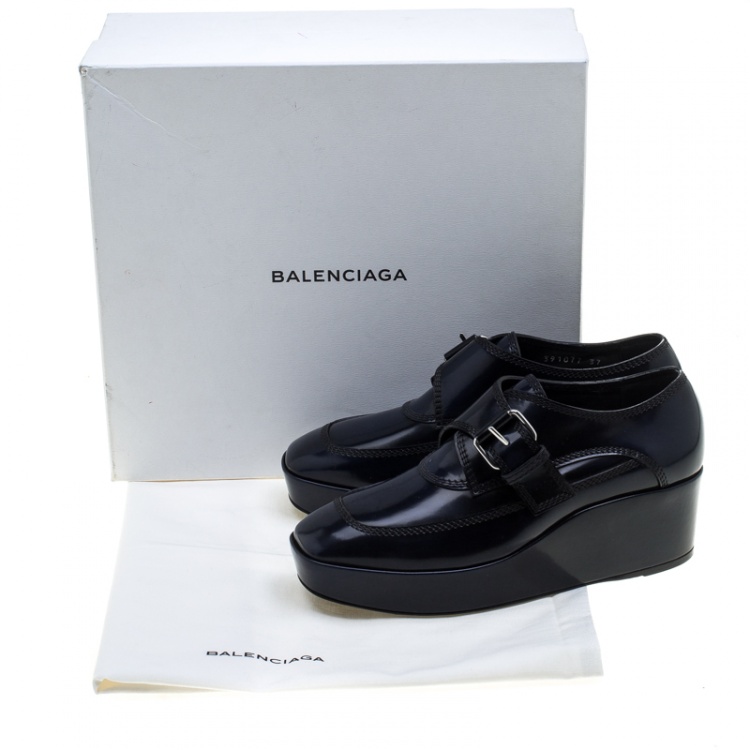 Pre Owned Balenciaga Blue Patent Leather Monk Strap Platform Loafers Size 37