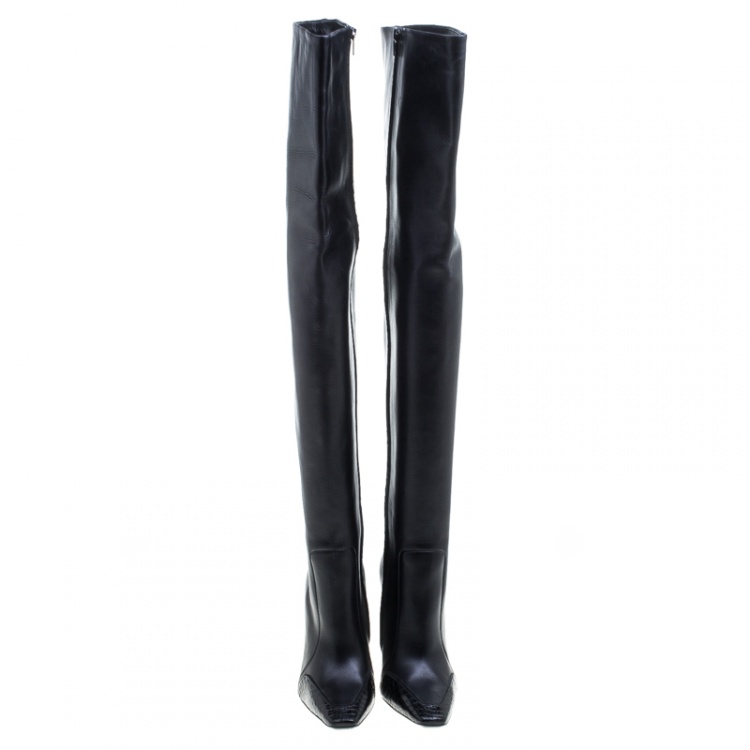 Pre Owned Balenciaga Black Leather and Croc Trim Over The Knee Boots Size 38