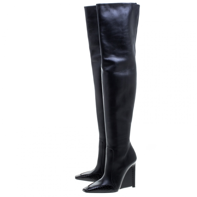 Pre Owned Balenciaga Black Leather and Croc Trim Over The Knee Boots Size 38