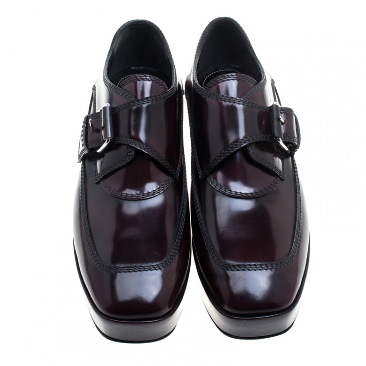 Pre Owned Balenciaga Burgundy Patent Leather Monk Strap Platform Loafers Size 39