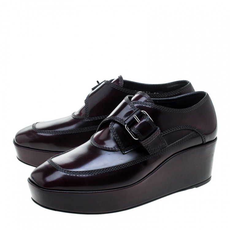 Pre Owned Balenciaga Burgundy Patent Leather Monk Strap Platform Loafers Size 39