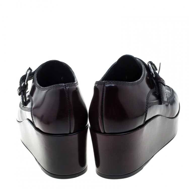Pre Owned Balenciaga Burgundy Patent Leather Monk Strap Platform Loafers Size 39