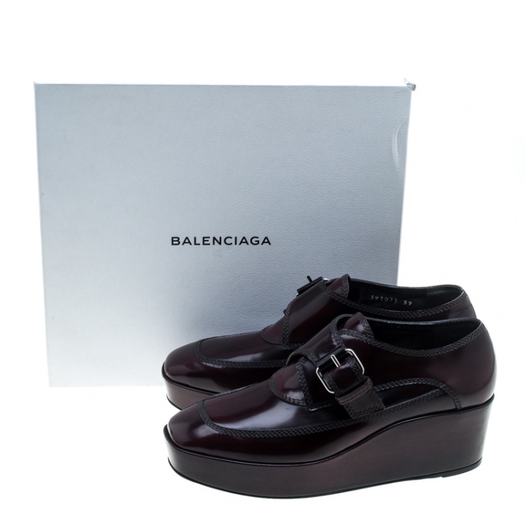 Pre Owned Balenciaga Burgundy Patent Leather Monk Strap Platform Loafers Size 39