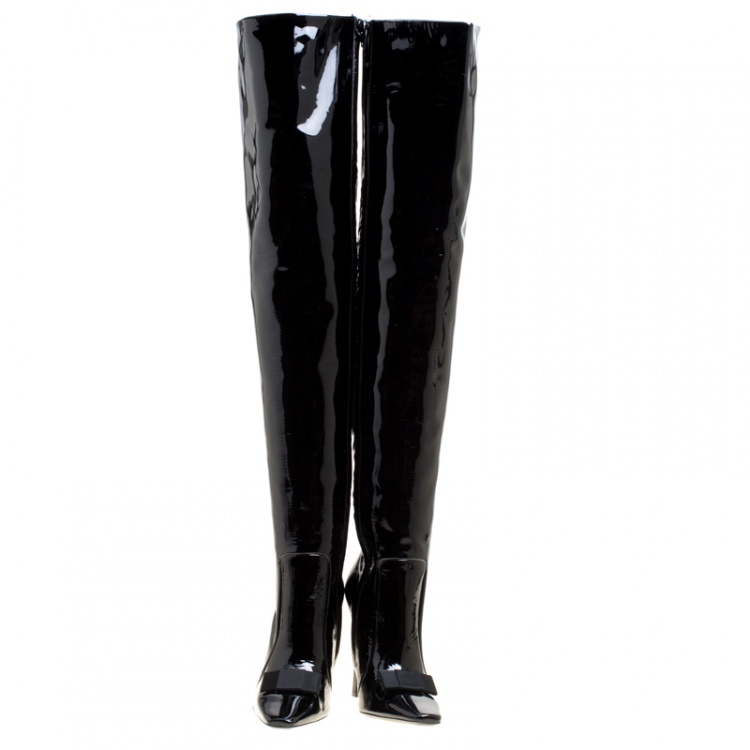 Pre Owned Balenciaga Black Patent Leather Bow Detail Over The Knee Boots Size 37