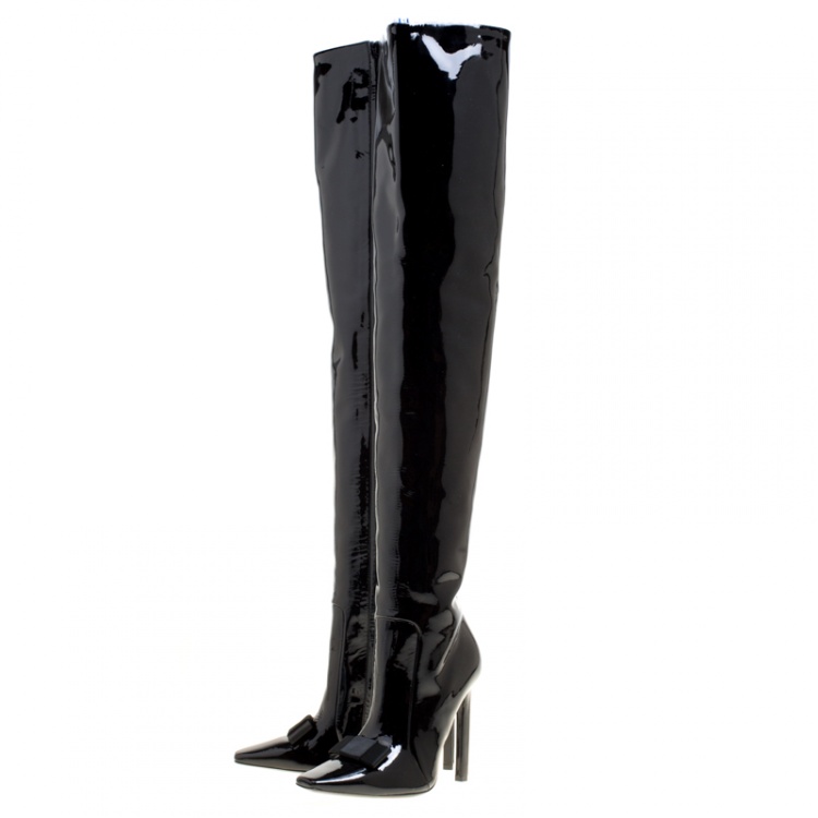 Pre Owned Balenciaga Black Patent Leather Bow Detail Over The Knee Boots Size 37