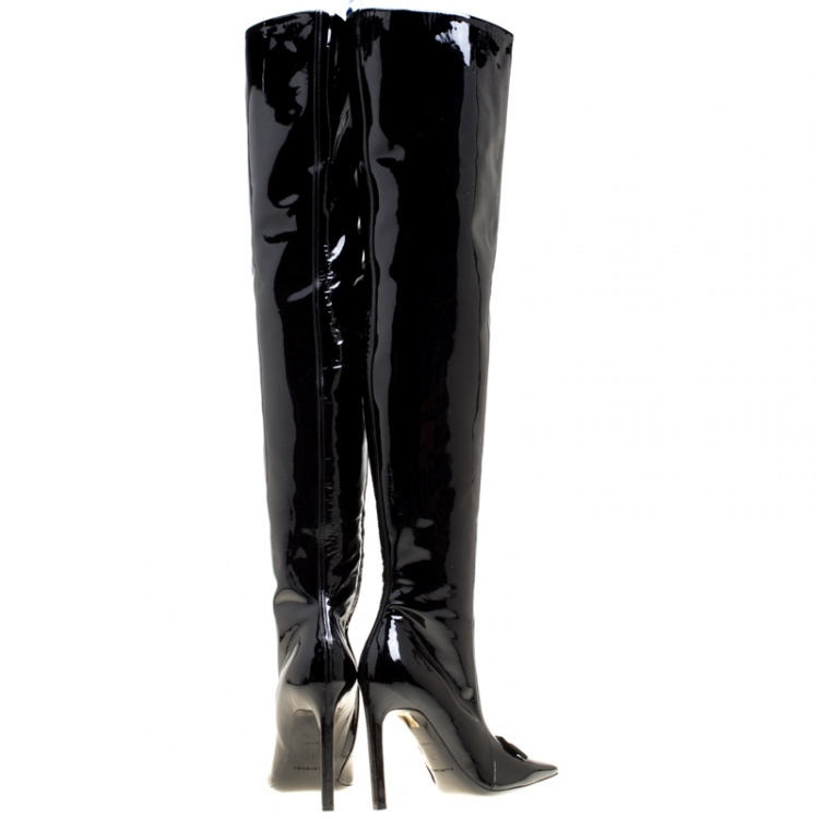 Pre Owned Balenciaga Black Patent Leather Bow Detail Over The Knee Boots Size 37