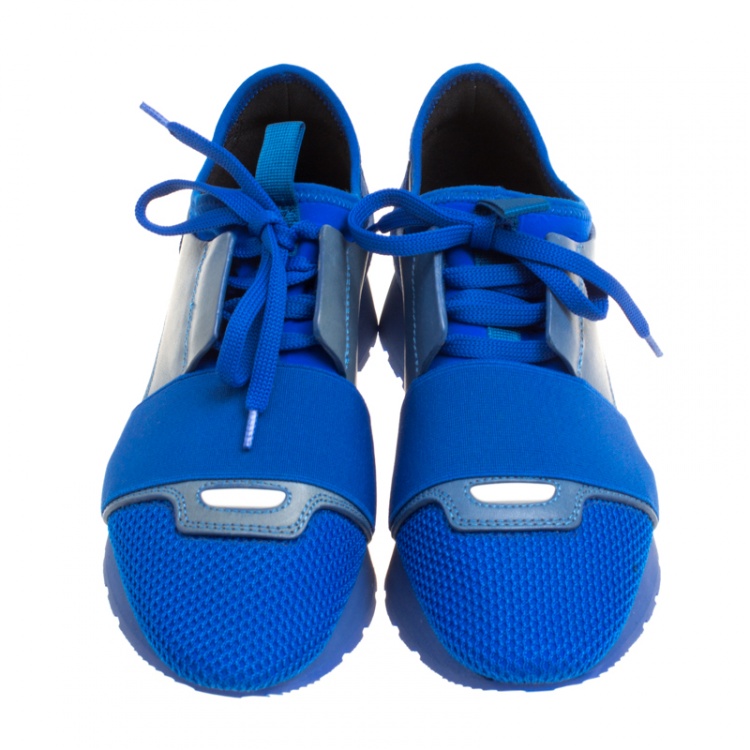 Pre Owned Balenciaga Blue Mesh And Suede Race Runner Sneakers Size 36