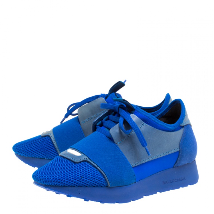 Pre Owned Balenciaga Blue Mesh And Suede Race Runner Sneakers Size 36