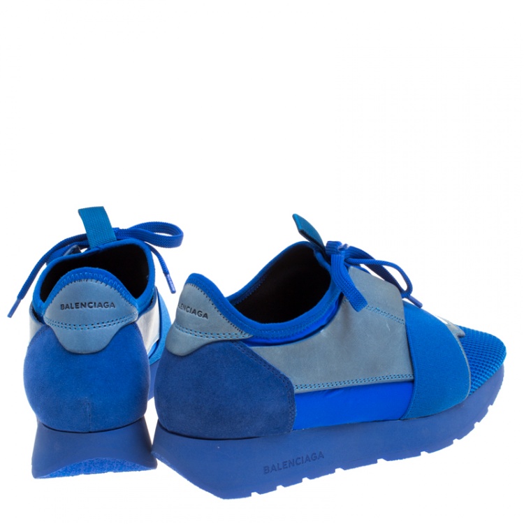 Pre Owned Balenciaga Blue Mesh And Suede Race Runner Sneakers Size 36