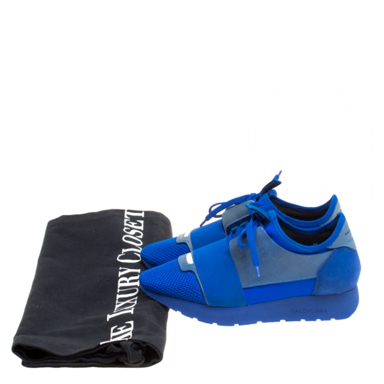 Pre Owned Balenciaga Blue Mesh And Suede Race Runner Sneakers Size 36