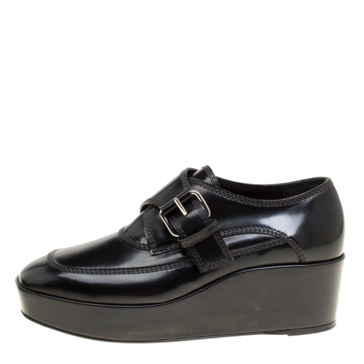 Pre Owned Balenciaga Black Patent Leather Monk Strap Platform Loafers Size 36