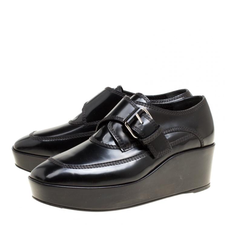 Pre Owned Balenciaga Black Patent Leather Monk Strap Platform Loafers Size 36