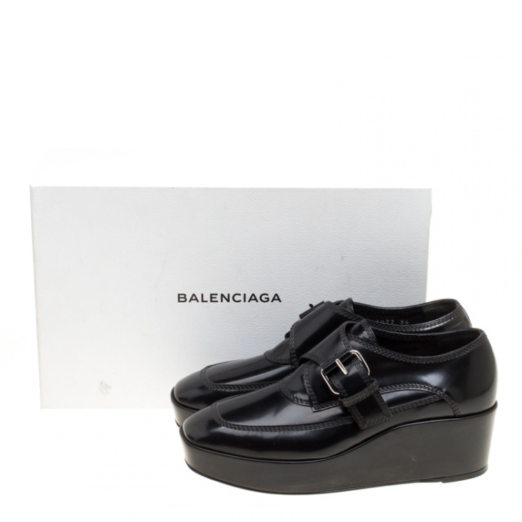 Pre Owned Balenciaga Black Patent Leather Monk Strap Platform Loafers Size 36