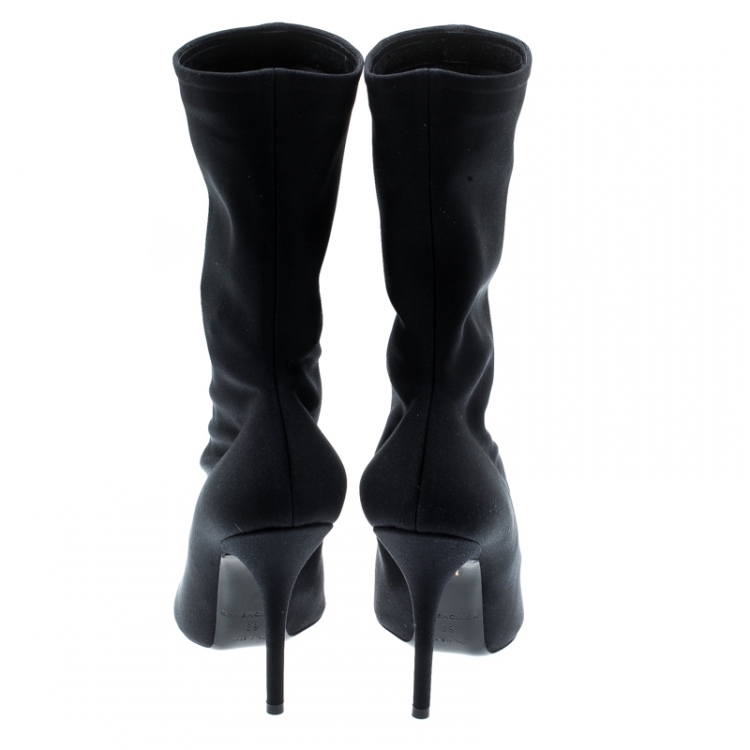 Pre Owned Balenciaga Black Spandex Fabric Knife Mid Calf Pointed Toe Boots Size 39