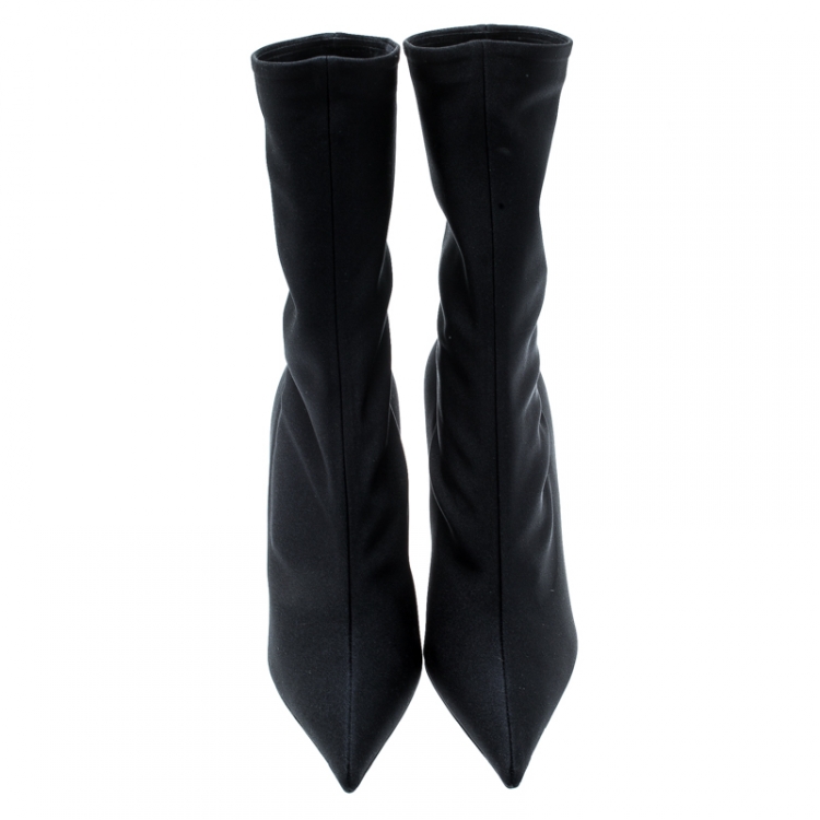 Pre Owned Balenciaga Black Spandex Fabric Knife Mid Calf Pointed Toe Boots Size 39