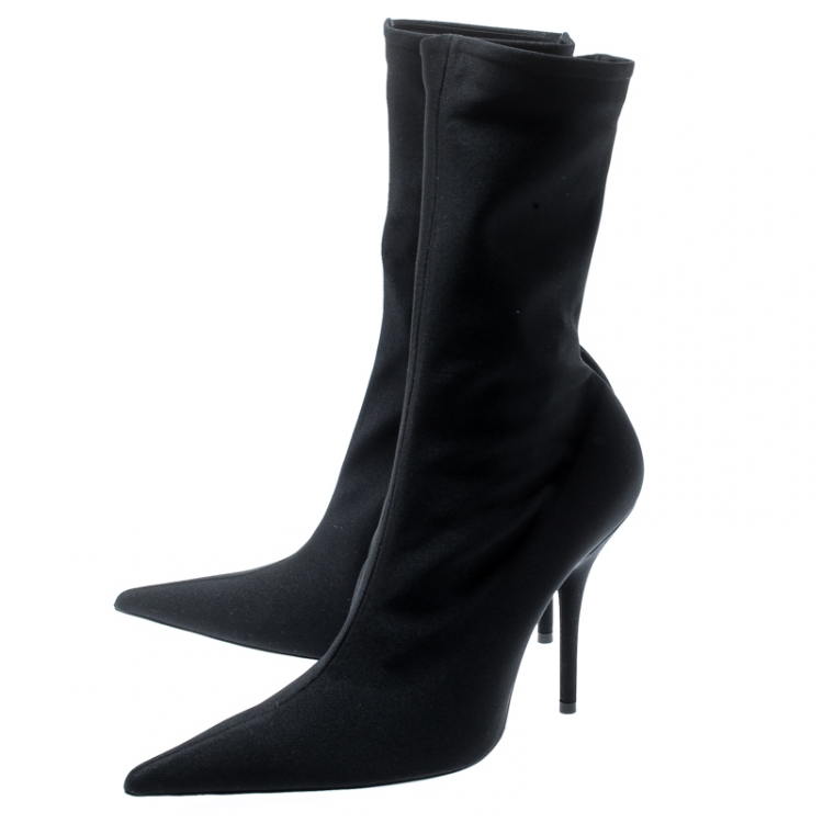 Pre Owned Balenciaga Black Spandex Fabric Knife Mid Calf Pointed Toe Boots Size 39