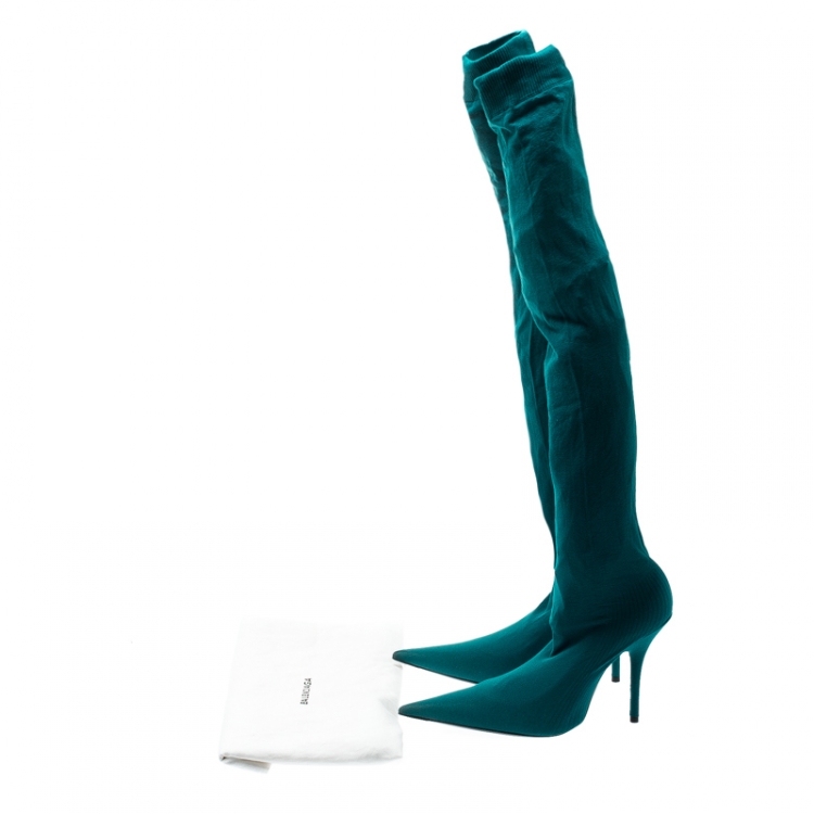 Pre Owned Balenciaga Blue Spandex Fabric Knife Over The Knee Pointed Toe Boots Size 39