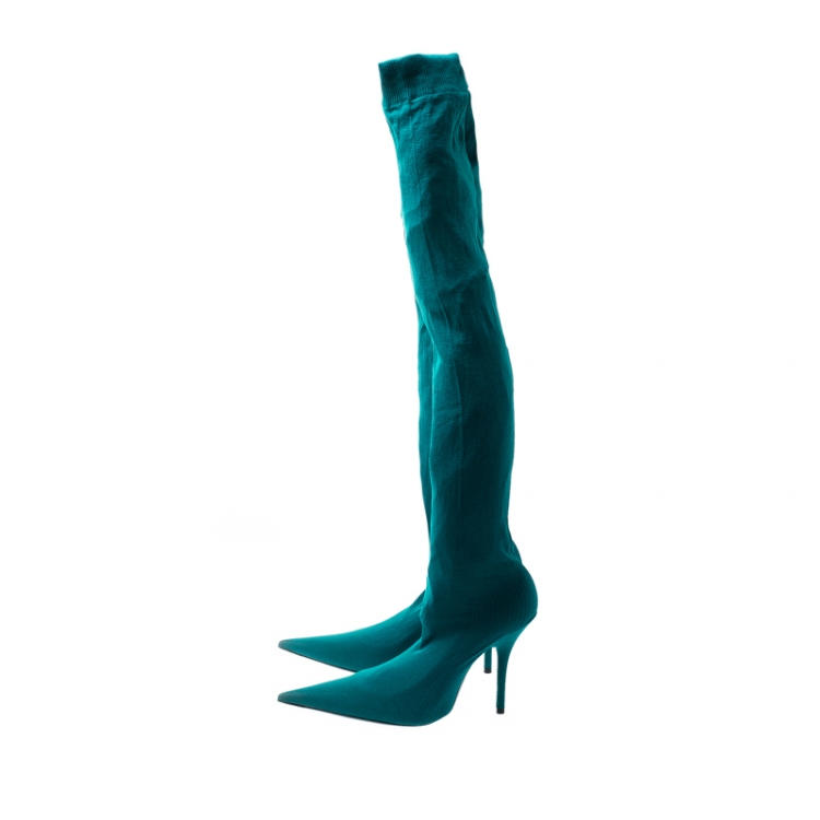 Pre Owned Balenciaga Blue Spandex Fabric Knife Over The Knee Pointed Toe Boots Size 39