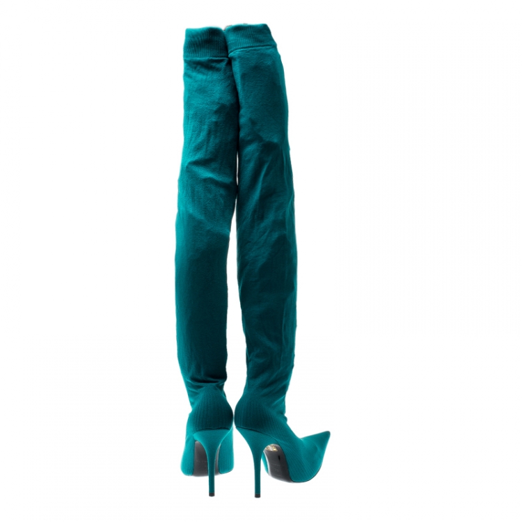 Pre Owned Balenciaga Blue Spandex Fabric Knife Over The Knee Pointed Toe Boots Size 39