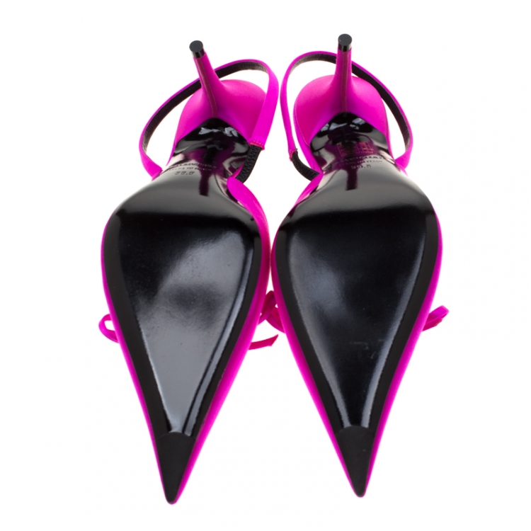 Pre Owned Balenciaga Magenta Satin Knife Bow Slingback Sandals Size 39.5