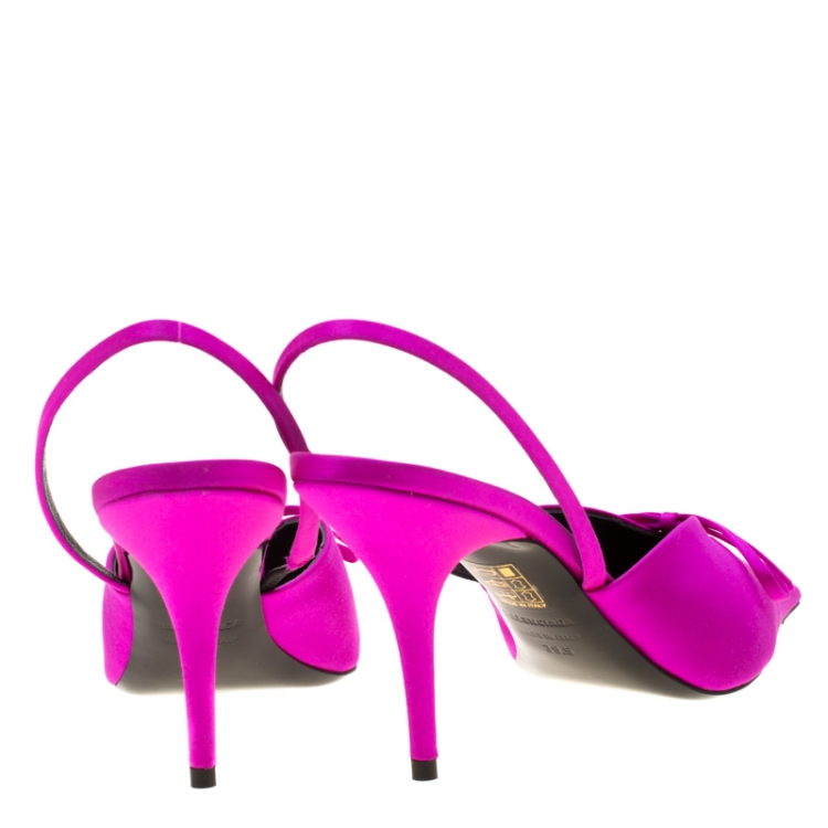 Pre Owned Balenciaga Magenta Satin Knife Bow Slingback Sandals Size 39.5