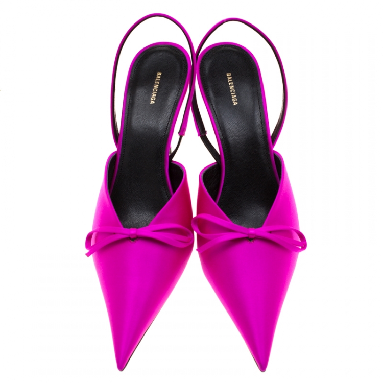 Pre Owned Balenciaga Magenta Satin Knife Bow Slingback Sandals Size 39.5